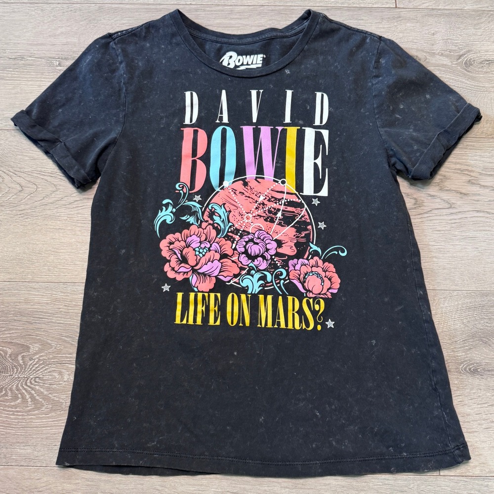 David Bowie Life On Mars Graphic Tee Black Acid Wash Cuffed Sleeve Small